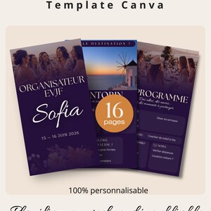 Peut inclure: Un modèle Canva violet pour un EVJF (enterrement de vie de jeune fille) avec le nom "Sofia" et la date "15-16 JUIN 2026". Le modèle comprend 16 pages et présente des images de femmes et de destinations de voyage. Texte: "100% personnalisable".