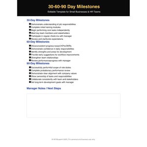 May include: A black and gold template titled "30-60-90 Day Milestones" for small businesses and HR teams. The template lists milestones for 30, 60, and 90 days, including job responsibilities, training, and performance reviews.