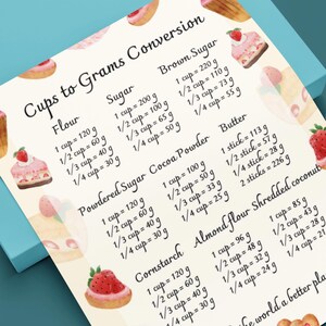 May include: A recipe conversion chart with watercolor illustrations of cupcakes and strawberries. The chart lists conversions for flour, sugar, cocoa powder, butter, cornstarch, and almond flour, with measurements in grams. The text reads "Bake the world a better place."