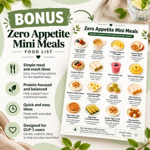 May include: A white informational flyer titled Bonus Zero Appetite Mini Meals Food List featuring a grid of sixteen small food images with descriptions like Greek Yogurt Mini Bowl, Bone Broth, and Turkey Roll-Ups for nutritional guidance.