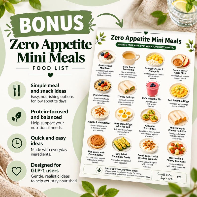 May include: A white informational flyer titled Bonus Zero Appetite Mini Meals Food List featuring a grid of sixteen small food images with descriptions like Greek Yogurt Mini Bowl, Bone Broth, and Turkey Roll-Ups for nutritional guidance.
