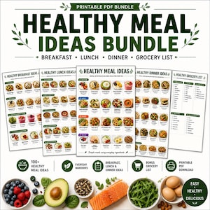 Può includere: Un pacchetto PDF stampabile intitolato Healthy Meal Ideas Bundle che include pagine per colazione, pranzo, cena e una lista della spesa. I documenti mostrano numerose fotografie di cibo con etichette di testo organizzate per categorie.