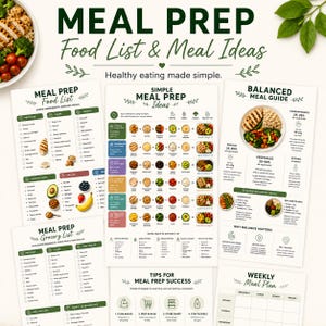 Op de afbeelding: Een verzameling maaltijdbereidingsgidsen met de tekst "MEAL PREP Food List & Meal Ideas". De gidsen bevatten voedsel lijsten, maaltijd ideeën, een evenwichtige maaltijd gids, een boodschappenlijst, tips voor maaltijdbereiding en een weekmenu.