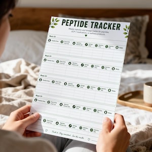 May include: A white paper Peptide Tracker sheet with green leaf accents and dark green text. The form includes columns for tracking weekly injection dosage, volume, syringe units, time, site, and notes for GLP-1 medications or wellness protocols.