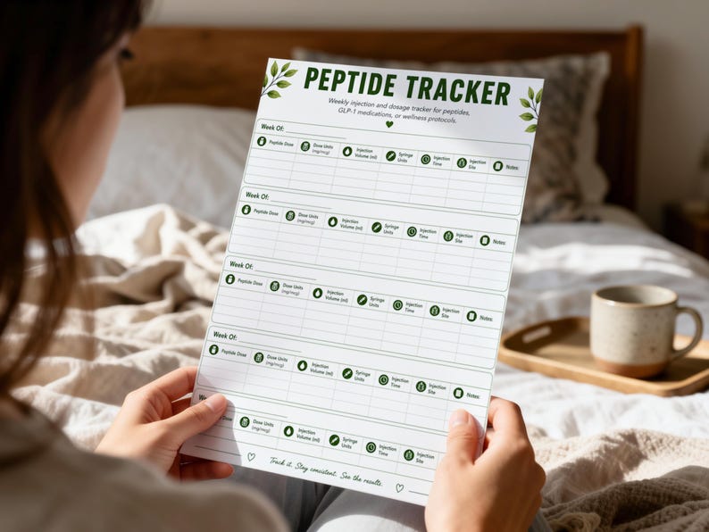 May include: A white paper Peptide Tracker sheet with green leaf accents and dark green text. The form includes columns for tracking weekly injection dosage, volume, syringe units, time, site, and notes for GLP-1 medications or wellness protocols.