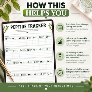 May include: A white peptide tracker sheet with dark green text and leaf accents. The document features columns for tracking weekly injection dosage, volume, syringe units, time, site, and notes. It includes four sections for weekly entries.
