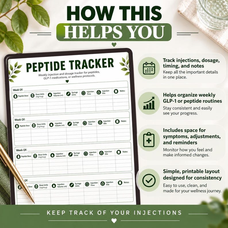 May include: A white peptide tracker sheet with dark green text and leaf accents. The document features columns for tracking weekly injection dosage, volume, syringe units, time, site, and notes. It includes four sections for weekly entries.