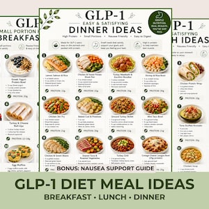 May include: A three-part informational chart titled GLP-1 Easy & Satisfying Dinner Ideas, Breakfast, and Lunch Ideas. The document features numbered lists of meal options with ingredient descriptions, protein counts, and a nausea support guide.