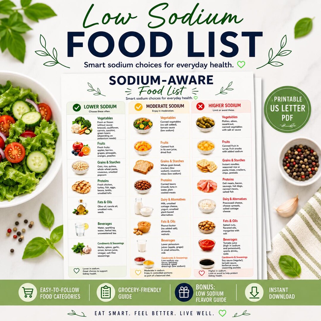 Low Sodium Food List Printable, Heart Healthy Grocery Guide PDF ...
