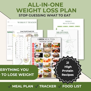 Weight Loss Planner Bundle | High Protein Low Carb Meal Plan, Tracker & Food Lists Printable