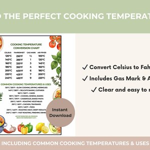 K&ouml;nnte beinhalten: Eine Kochtemperatur-Umrechnungstabelle mit Celsius-, Fahrenheit-, Gasmark- und Airfryer-&Auml;quivalenten. Enth&auml;lt g&auml;ngige Kochtemperaturen und -verwendungen. Die Tabelle ist leicht lesbar und zeigt Illustrationen.