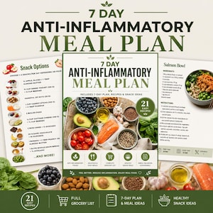 Peut inclure: Un plan de repas anti-inflammatoire de 7 jours comprenant une page de couverture avec des photos d'aliments, une liste d'en-cas et une recette de bol de saumon. Le texte mentionne 21 recettes faciles, des listes de courses et des idées.