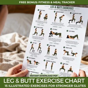 Peut inclure: Une fiche d'information blanche intitulée Leg & Butt Exercises présentant 15 exercices illustrés avec des personnages en tenue de sport verte. Le document inclut des descriptions textuelles pour chaque mouvement, comme les squats et les fentes, et un suivi fitness.