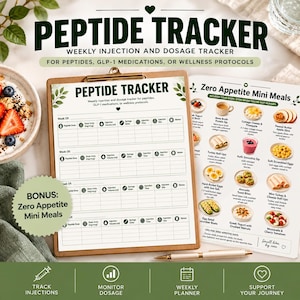Peptide Tracker Printable and GLP-1 Injection Log featuring a weekly dosage tracker for recording peptide doses, injection volume, syringe units, injection times and sites. Includes a bonus Zero Appetite Mini Meals Food List with simple meal and snack ideas. Digital wellness tracker and medication log in a green botanical design.