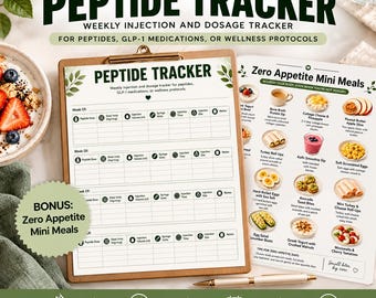 May include: A Peptide Tracker weekly injection and dosage log on a clipboard, accompanied by a Zero Appetite Mini Meals guide. The tracker includes columns for dose, volume, units, time, site, and notes. A pen rests below the clipboard.