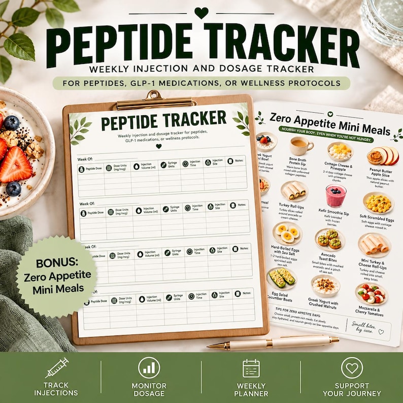 Peptide Tracker Printable and GLP-1 Injection Log featuring a weekly dosage tracker for recording peptide doses, injection volume, syringe units, injection times and sites. Includes a bonus Zero Appetite Mini Meals Food List with simple meal and snack ideas. Digital wellness tracker and medication log in a green botanical design.