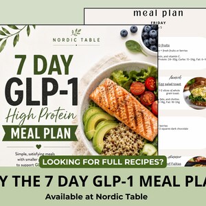 May include: A 7-day GLP-1 high protein meal plan document from Nordic Table featuring a bowl of grilled salmon, avocado, quinoa, and tomatoes. The text includes '7 DAY GLP-1 High Protein MEAL PLAN', 'LOOKING FOR FULL RECIPES?', and 'TRY THE 7 DAY GLP-1 MEAL PLAN'.