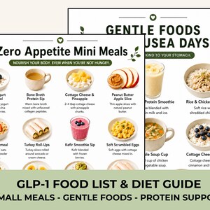 May include: A food list and diet guide featuring small meals, gentle foods, and protein support. The image displays various mini meals, including Greek yogurt, bone broth, cottage cheese, peanut butter apple slices, and rice with chicken.