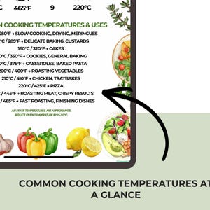 K&ouml;nnte beinhalten: Digitale Grafik mit dem Text &bdquo;G&Auml;NGIGE KOCHTEMPERATUREN & VERWENDUNGEN&ldquo;. Sie listet Temperaturen in Celsius und Fahrenheit f&uuml;r verschiedene Kochmethoden auf, mit Illustrationen von Gem&uuml;se und Gerichten.