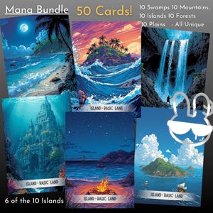 Könnte beinhalten: Eine Sammlung von sechs Fantasy-Art-Karten mit Insel-Landschaften. Die Karten zeigen Strände, Wasserfälle und Inseln unter sternenklaren und Tageshimmeln. Auf den Karten steht "Mana Bundle 50 Cards!" und "Island - Basic Land".