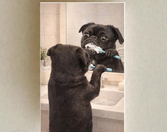 Custom Dog Portrait from Photo | Dog Brushing Teeth Bathroom Wall Art