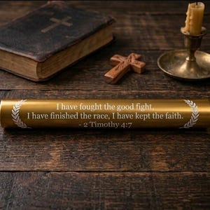 May include: A gold-colored, cylindrical object with the inscription "I have fought the good fight, I have finished the race, I have kept the faith. - 2 Timothy 4:7". The object is decorated with a laurel wreath design. The image also includes a Bible, a wooden cross, and a lit candle.