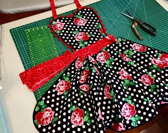 SHIPS FAST~ Retro 50s Twirly Skirt Apron (Polka Dots & Roses on black) heart-shaped bib, flirty pin up apron, ready to ship gift for her