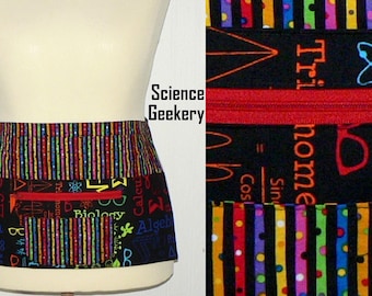 Science Geekery Teacher Half Apron, multi-pocket apron with zipper pocket, for vendors, crafters, standard size fits waists up to 40 inches