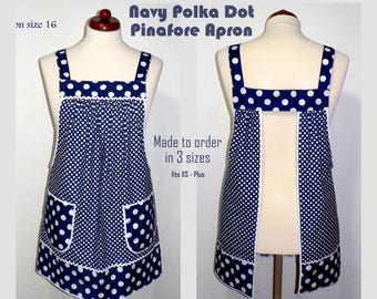 Navy Polka Dot Pinafore Apron with no ties, Relaxed Fit Farmhouse Smock with pockets,  made-to-order XS to 5X