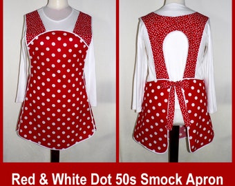 Red and White Polka Dot 50s Smock, relaxed fit apron (h-back apron) made-to-order XS to 4X with pocket options