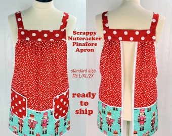 SHIPS FAST Scrappy Nutcracker Pinafore with no ties, relaxed fit smock with pockets, color-blocked Christmas Apron fits L/XL/2X