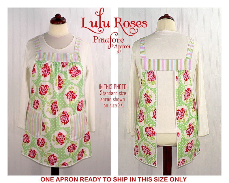 Lulu Roses on Green Pinafore Apron with no ties ready to ship now relaxed fit smock apron with pockets