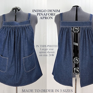 Dark Indigo Denim Pinafore Apron with no ties (straps go straight over the shoulders) very sturdy artist smock with pockets XS to 5X