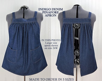 Dark Indigo Denim Pinafore Apron with no ties (relaxed fit) very sturdy artist smock with pockets, made-to-order XS to 5X