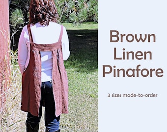 Brown Washed Linen Pinafore with no ties, 100% flax linen relaxed fit smock with pockets, made to order XS - 5X