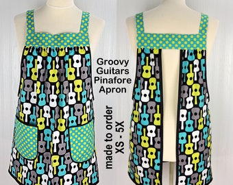 Groovy Guitars Pinafore Apron with no ties, relaxed fit smock with pockets, Lagoon colorway, made to order XS to 5X