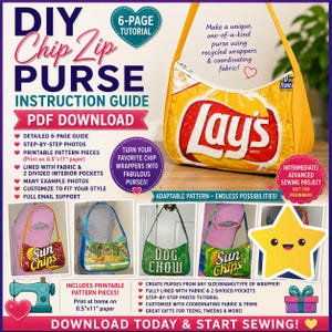 DIY Chip Zip Purse instruction guide (PDF download) tutorial to make novelty purses using recycled wrappers & coordinating fabric