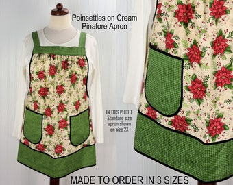 Poinsettias on Cream Pinafore with no ties, relaxed fit smock with pockets, Christmas Floral Apron, made to order XS - 5X