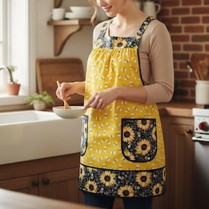 Charming Bees & Sunflowers Pinafore with no ties (straps go straight over the shoulders) relaxed fit smock with pockets made to order XS- 5X