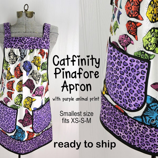 SHIPS FAST ~ Purple Catfinity Pinafore Apron with no ties, relaxed fit smock apron with pockets, Smallest Size (fits XS-S-M) ready to ship
