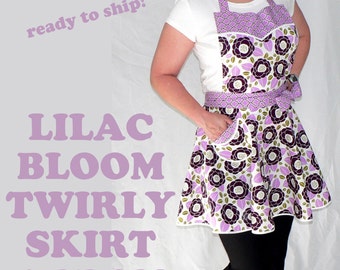 SHIPS FAST Lilac Bloom Twirly Skirt Apron, flirty kitchen apron, diner style, delightful party hostess accessory, Ready to Ship