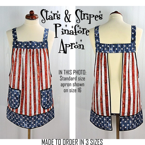 Stars and Stripes Pinafore with no ties, patriotic flag smock apron with pockets, relaxed fit apron made-to-order XS to 5X