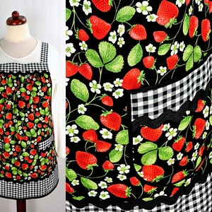LAST ONE Strawberry & Black Gingham Pinafore with no ties (straps go straight over the shoulders) relaxed fit smock apron with pockets XS-2X
