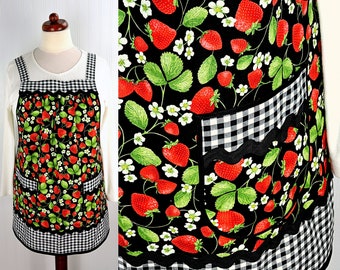 XS to 5X Strawberry Patch Pinafore (with Black Gingham accents) has no ties, relaxed fit smock apron with pockets