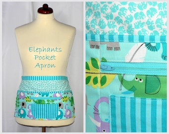 Elephants Multi-Pocket Apron great for waitress, vendor, photographer, cute teacher apron with money pocket, 2 sizes