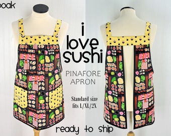 SHIPS FAST I Love Sushi Pinafore Apron with no ties, Japanese bento box on gray, relaxed fit smock with pockets fits L/XL/2X, Ready to Ship