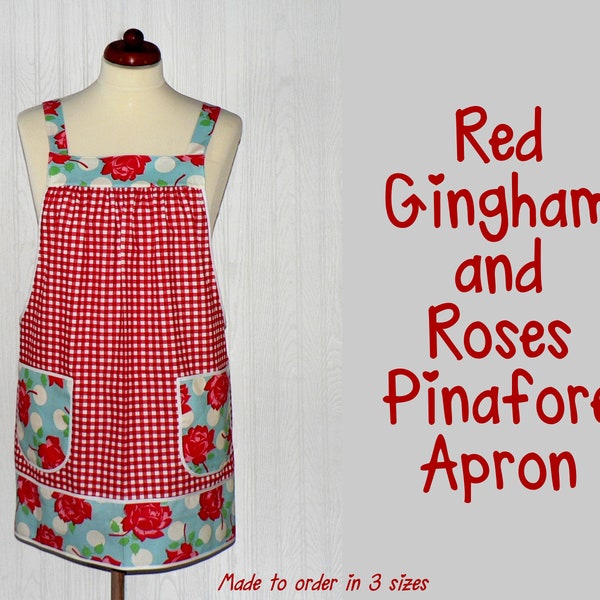Red Gingham and Roses Pinafore with no ties, relaxed fit smock with pockets, retro floral kitchen apron XS to 5X