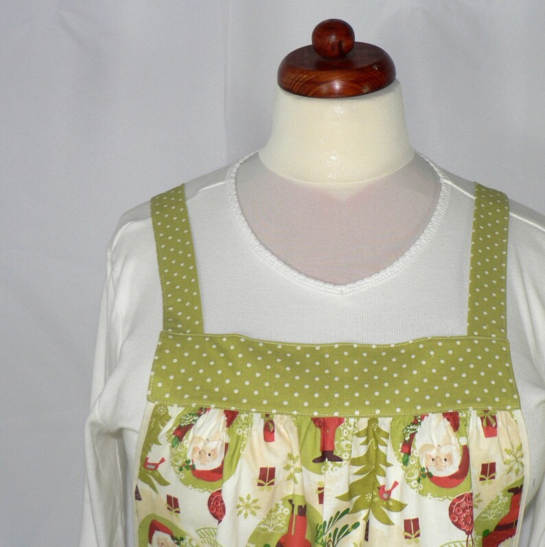 loose fitting smock apron with pockets Woodland Christmas Pinafore Apron with no ties non-traditional Santa and owls holiday baking apron