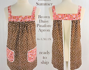 SHIPS FAST Indian Summer Brown Daisies Pinafore, lovely hostess apron, relaxed fit smock with pockets fits L/XL/2X, ready to ship