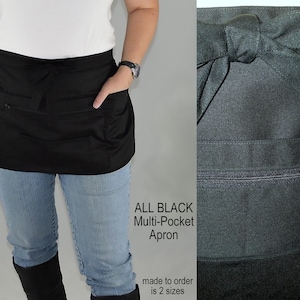 All Black Multi-Pocket Apron Teacher Vendor Gardener Photographer Waitress Apron with zipper pocket, 2 sizes image 1